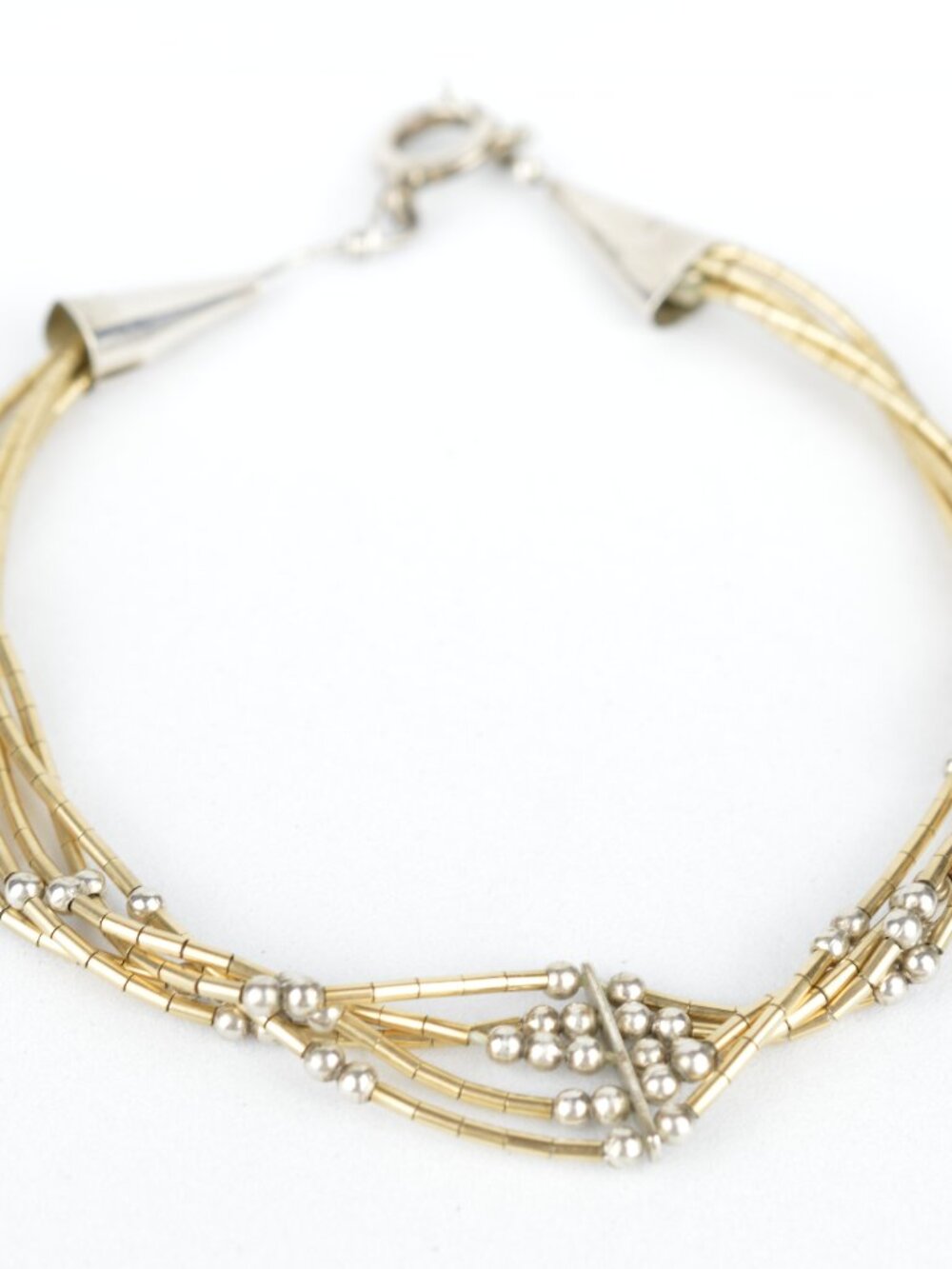 Vintage Southwestern Liquid Silver Gold Multi Strand Tube Bead Bracelet 7.5" 925